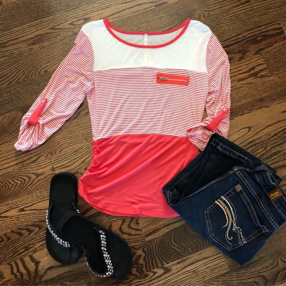 Coral and White Striped Fitted Top by Love Nation